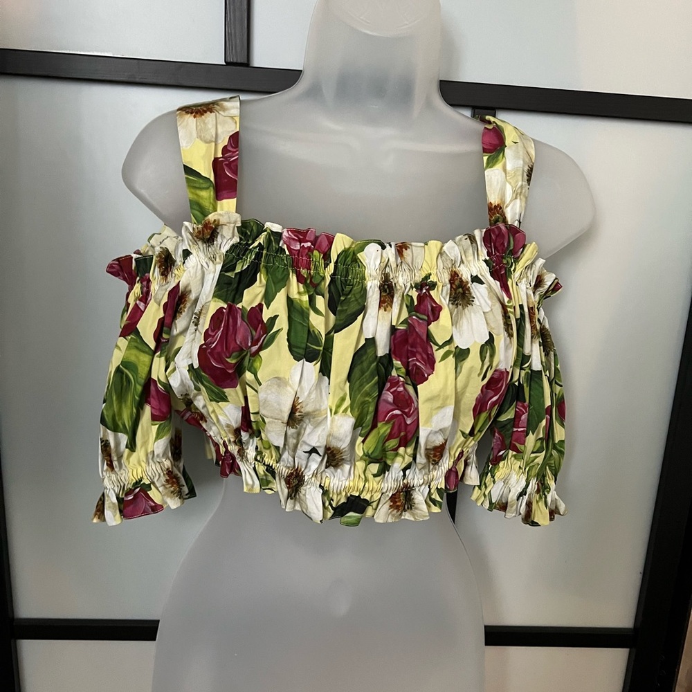 Dolce & Gabbana Multicolor Floral Print Cotton Off Shoulder Crop Top Small 40 - Picture 3 of 6